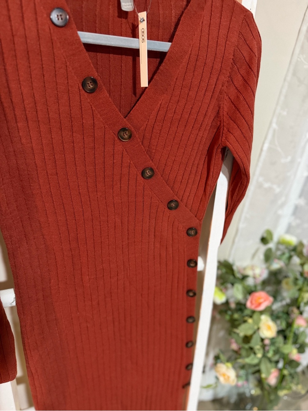 ASOS Ribbed Wrap-Style Midi Dress in Brick Red - Picture 4 of 6